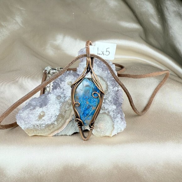 Handmade Copper Wire Wrapped Blue Chrysocolla Raw Stone Pendant Necklace Jewelry - Picture 2 of 3